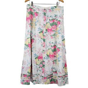 VTG Lauren Ralph Lauren Maxi Skirt Sz 16 White Pink Floral Buttons Cottagecore
